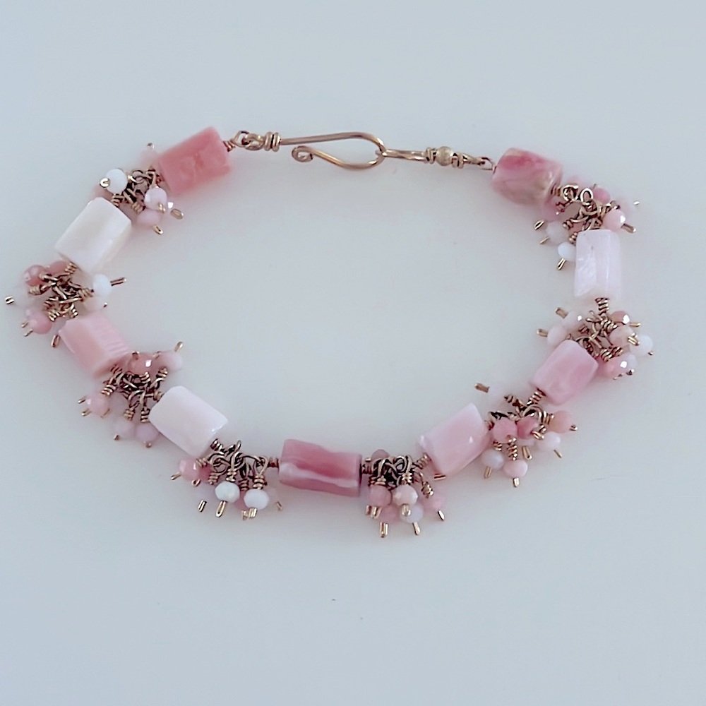 Pink opal gemstone cluster bracelet with gold filled metal